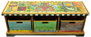 Storage Bench with Boxes –  Crazy quilt bench motif with a central heart with wings icon reminding you to "follow your heart" front view