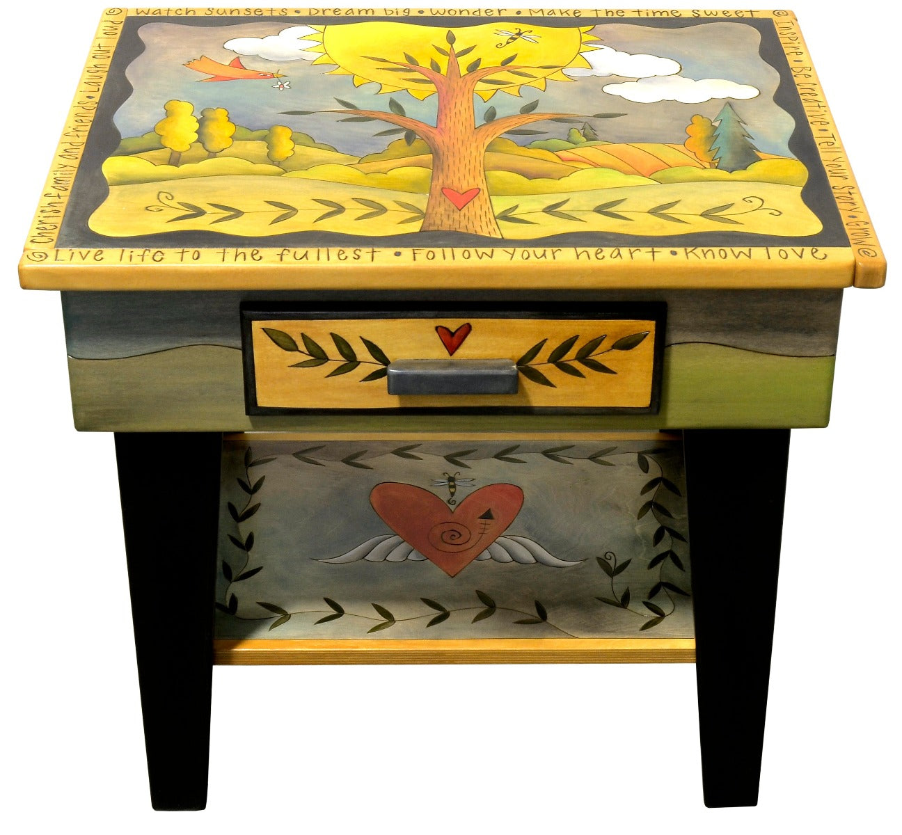 Nightstand with Open Shelf –  Lovely tree of life landscape nightstand design with heart with wings motif on accent shelf front view