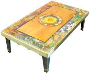 Rectangular Coffee Table –  Gorgeous four seasons themed tabletop design with sun in its center and mixed vines, landscape scenes, and patchwork motifs side view