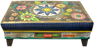 Ottoman with Drawer –  Beautiful contemporary floral ottoman motif with large blue center medallion front view