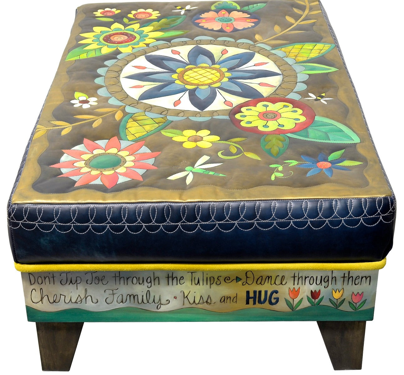 Ottoman with Drawer –  Beautiful contemporary floral ottoman motif with large blue center medallion side view