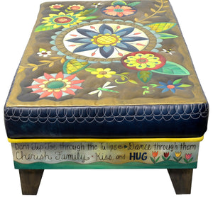 Ottoman with Drawer –  Beautiful contemporary floral ottoman motif with large blue center medallion side view