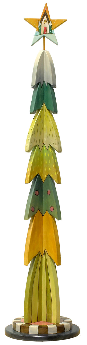 Large Christmas Tree Sculpture –  Christmas tree with layers of greens and yellows in a retro palette main view