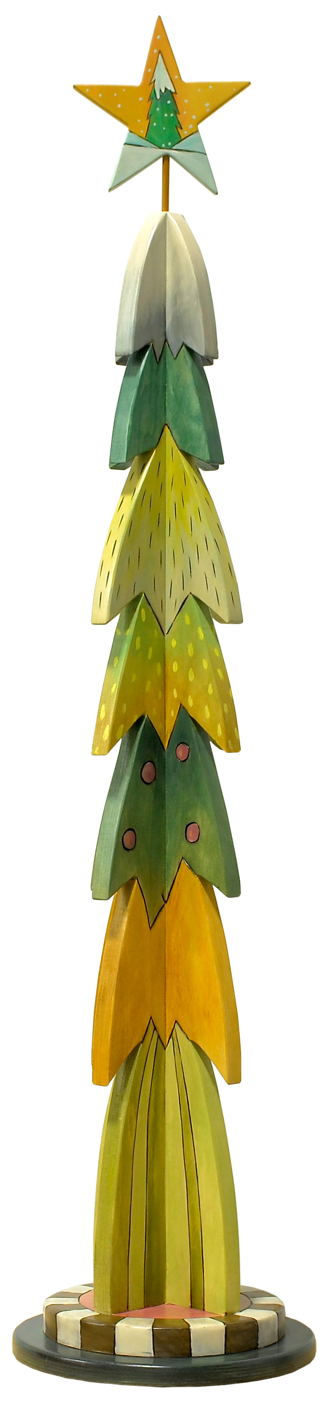 Large Christmas Tree Sculpture –  Christmas tree with layers of greens and yellows in a retro palette reverse view