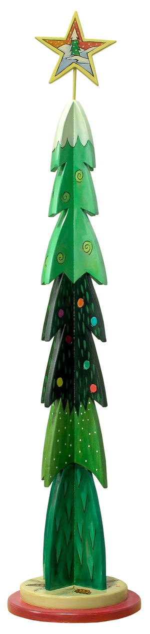 Large Christmas Tree Sculpture –  Fun and funky layered green Christmas tree with blanket of snow on the top reverse view