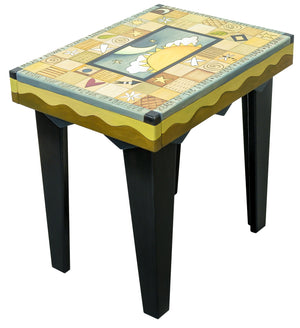 Rectangular End Table –  Beautiful patchwork table design with a celestial center in a neutral color palette angled view