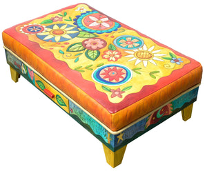 Ottoman with Drawer – Bright and beautiful floral ottoman with inspirational phrases along its wooden sides main view