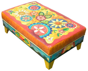 Ottoman with Drawer – Bright and beautiful floral ottoman with inspirational phrases along its wooden sides angle view