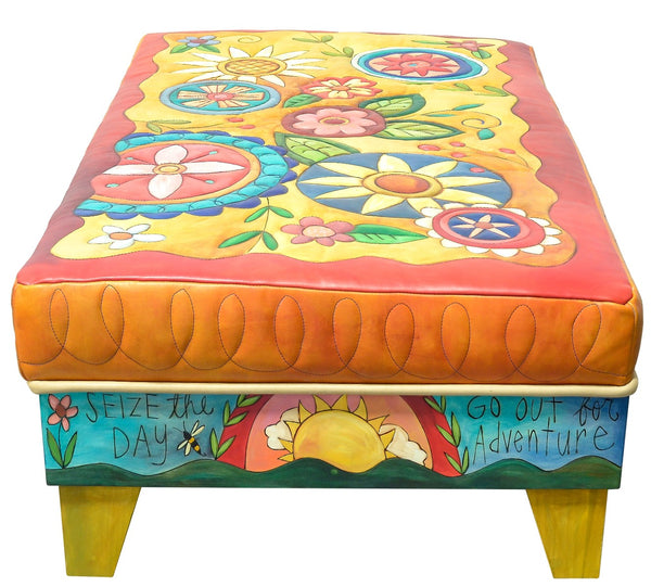 Ottoman with Drawer – Bright and beautiful floral ottoman with inspirational phrases along its wooden sides side view