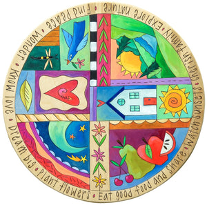 20" Lazy Susan –  Playful crazy quilt lazy susan design with patches showing a starry sky, fruit, and a landscape scene