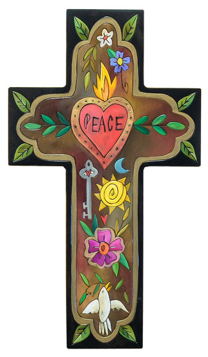 Cross Plaque – "Peace" cross painted in a moody palette with metallic gold accents