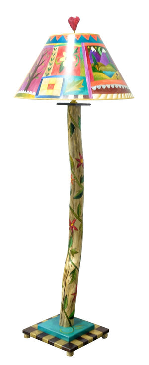 Log Floor Lamp – Beautiful hand painted floor lamp with vine motifs and colorful block icons front view