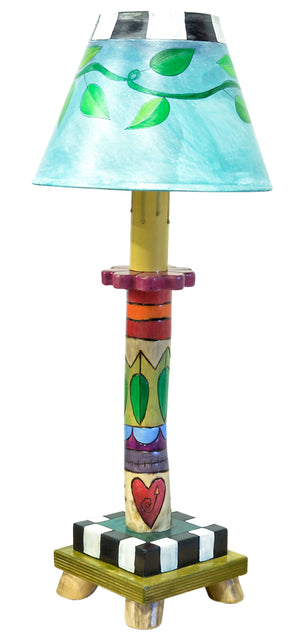 Log Candlestick Lamp – Cute and colorful lamp with a vine wrapped shade and crazy quilt base front view