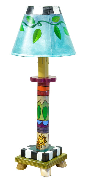 Log Candlestick Lamp – Cute and colorful lamp with a vine wrapped shade and crazy quilt base side view