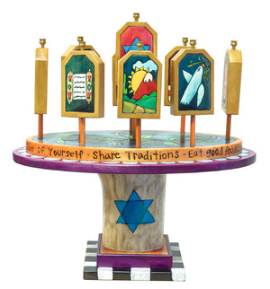 Tablet Menorah – Lovely and colorful 3D folk art menorah front view tablets flipped