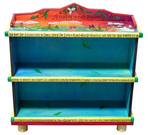 Short Bookcase – "Enjoy Reading in Each Season" bookcase with sun setting over the horizon of the changing four seasons motif front view