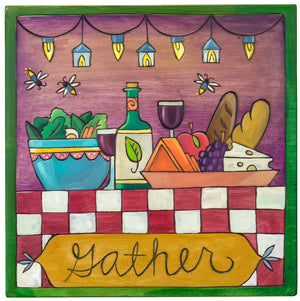 7"x7" Plaque – Heartwarming "gather" plaque with food on a patio to be shared with loved ones