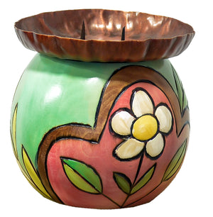 Ball Candle Holder –  Sweet green and pink floral and hearts candle holder front view