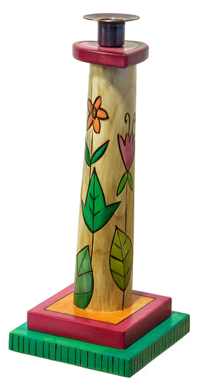 Single Candle Holder–  Beautiful and colorful leaf and floral candle holder with a heart topper front view