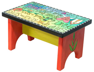 Step Stool – "Step up and reach the stars" kiddo step stool painted in a rainbow palette with polka dot accents back view