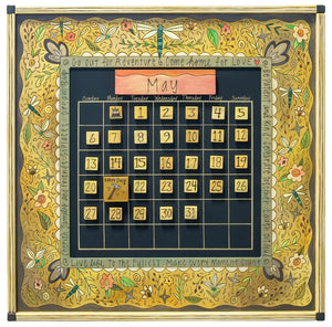 Large Perpetual Calendar – Pretty understated hashmark pattern calendar design with flowers and dragonflies throughout