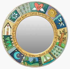 Small Circle Mirror – Serene crazy quilt mirror done in subtle shades of blue and green
