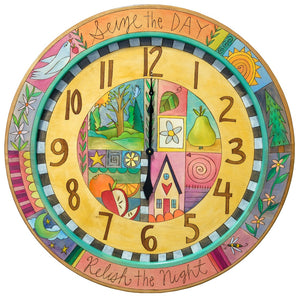36" Round Wall Clock –  Lovely large clock with a crazy quilt design painted in a light and cheery palette