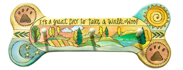 Dog Leash Rack – "It's a great day to take a walk" bone shaped dog leash rack painted in soft yellows and blues