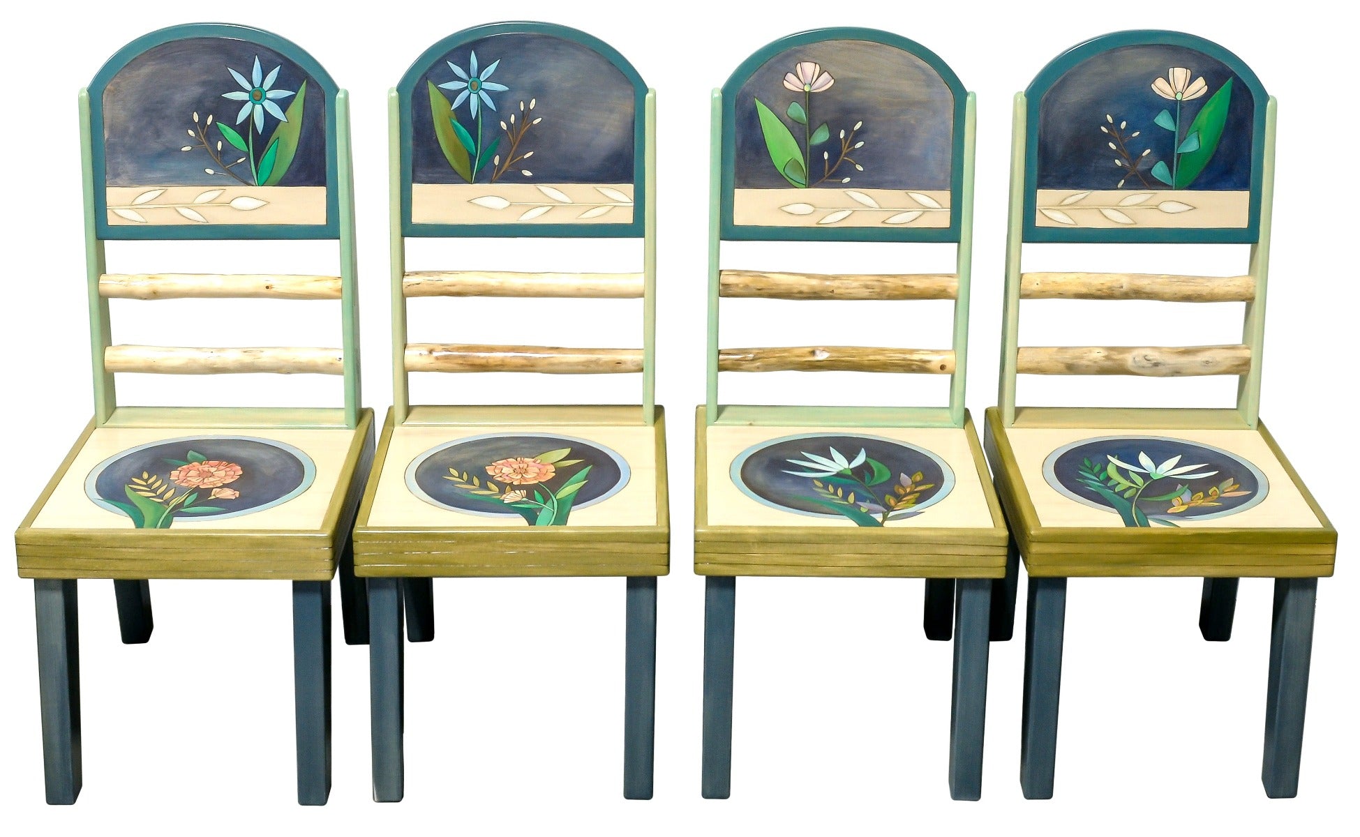 Sticks Chair Set – Beautiful blue and whitewash floral and botanical designed chairs with inspirational words on each back front view