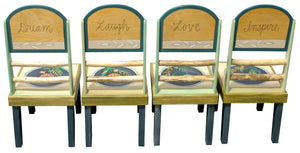 Sticks Chair Set – Beautiful blue and whitewash floral and botanical designed chairs with inspirational words on each back back view