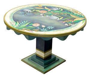 48" Round Dining Table – Gorgeous blue and whitewash floral and botanical table with coordinating chairs table side view