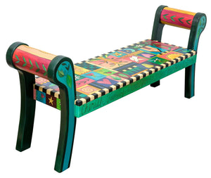 Rolled Arm Bench – Fun and vibrant rolled arm bench with a crazy quilt seat motif and black and white checks all around back view