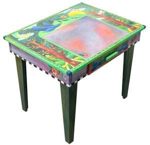 Small Desk – Bright green and purple tree of life and swooping blue bird desk design desk angle view