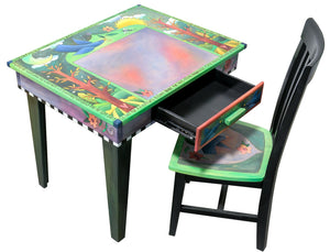Small Desk – Bright green and purple tree of life and swooping blue bird desk design view with drawer open