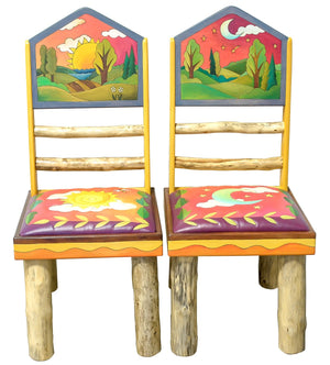 Sticks Chair Set with Leather Seats – Celestial sun and moon set of chairs with coordinating landscape chair backs front view