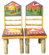 Sticks Chair Set with Leather Seats – Celestial sun and moon set of chairs with coordinating landscape chair backs front view