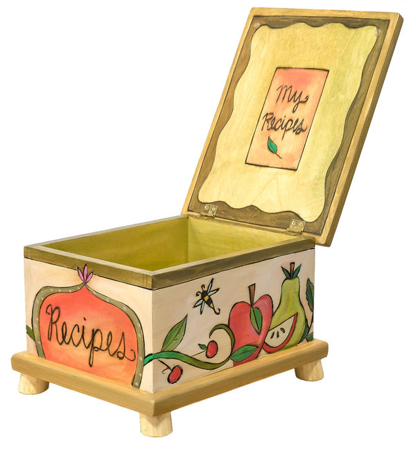 Recipe Box – Beautiful light "recipes" box with fresh produce around its sides view with lid open