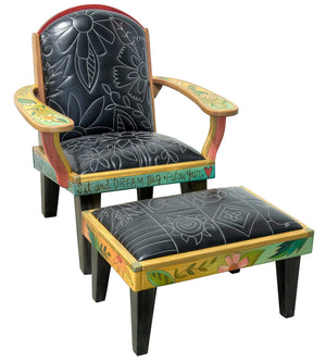 Friedrich's Chair and Matching Ottoman – Black and white floral leather seat and patchwork ottoman design, with coordinating colorful patchwork design filling the back of the oversized chair main view