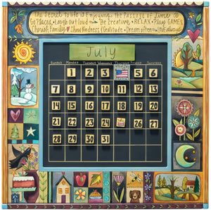 Large Perpetual Calendar – Crazy quilt four seasons theme calendar design celebrating the passing of time, painted in a retro color palette