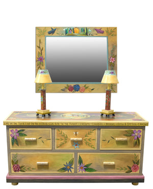 Large Dresser – Classic, romantic floral and tree of life themed dresser design staged with mirror and lamps