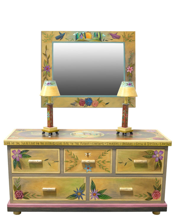 Large Dresser – Classic, romantic floral and tree of life themed dresser design staged with mirror and lamps