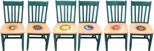 Pops Chair Set – Teal chairs with birch wood seats adorned with coordinating medallion icons main view