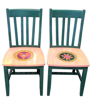 Pops Chair Set – Teal chairs with birch wood seats adorned with coordinating medallion icons heart and flower chairs