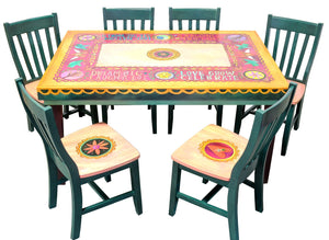 Rectangular Dining Table – Bold, bright, and beautiful design inspired by papel picado Mexican folk art with elaborate scallops, block letter phrases, and Sticks icons staged with full set of chairs