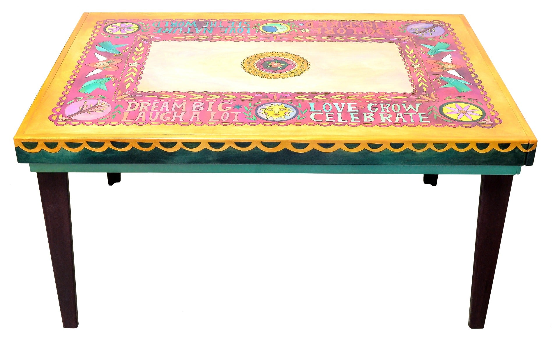 Rectangular Dining Table – Bold, bright, and beautiful design inspired by papel picado Mexican folk art with elaborate scallops, block letter phrases, and Sticks icons front view