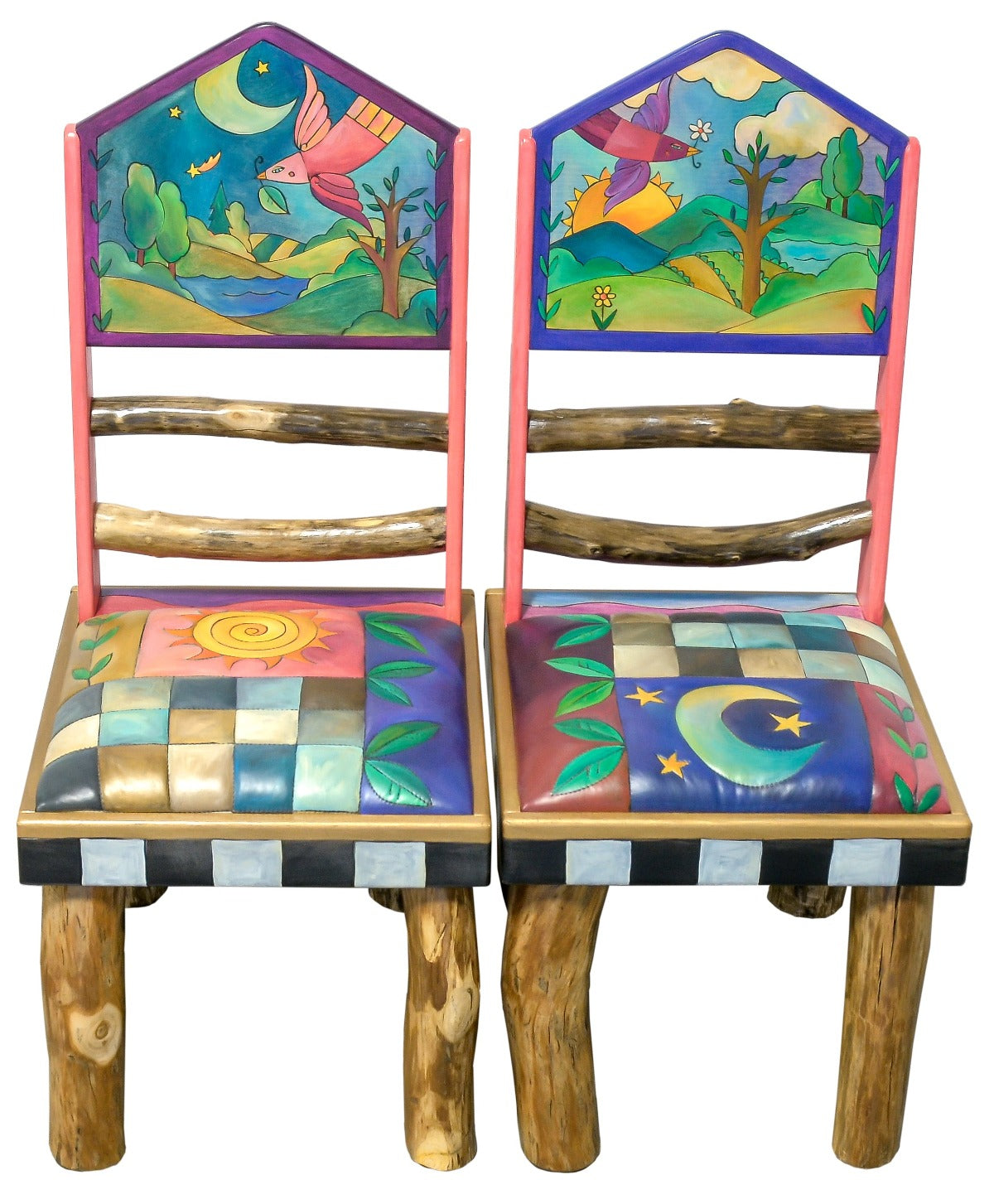 Sticks Chair Set with Leather Seats – Patchwork chair motifs with a celestial night and day theme for each chair, both with soaring birds in landscape scenes main view