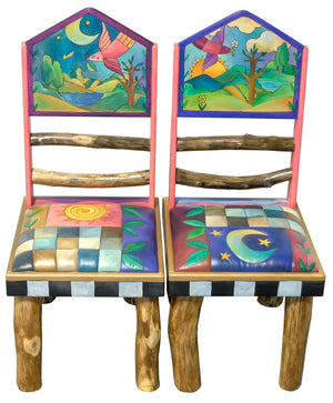 Sticks Chair Set with Leather Seats – Patchwork chair motifs with a celestial night and day theme for each chair, both with soaring birds in landscape scenes main view