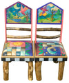 Sticks Chair Set with Leather Seats – Patchwork chair motifs with a celestial night and day theme for each chair, both with soaring birds in landscape scenes main view