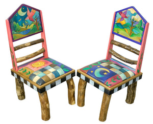 Sticks Chair Set with Leather Seats – Patchwork chair motifs with a celestial night and day theme for each chair, both with soaring birds in landscape scenes front view