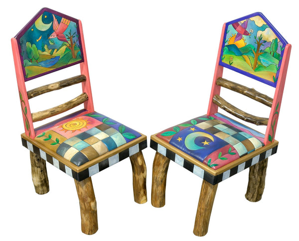 Sticks Chair Set with Leather Seats – Patchwork chair motifs with a celestial night and day theme for each chair, both with soaring birds in landscape scenes front view